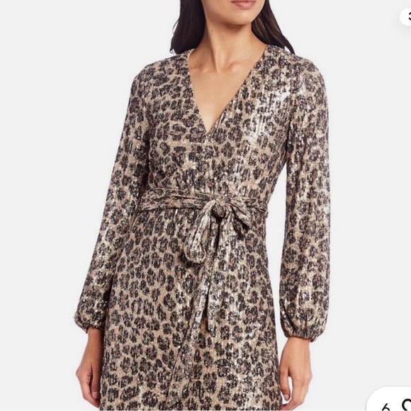 🍁Gianni Bini Brown Sequin Wrap Dress Long Sleeve V-Neck - Picture 3 of 5